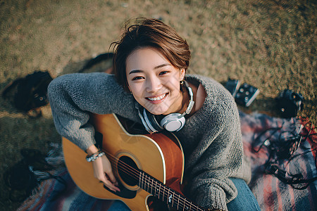 草地上抱吉他的女孩