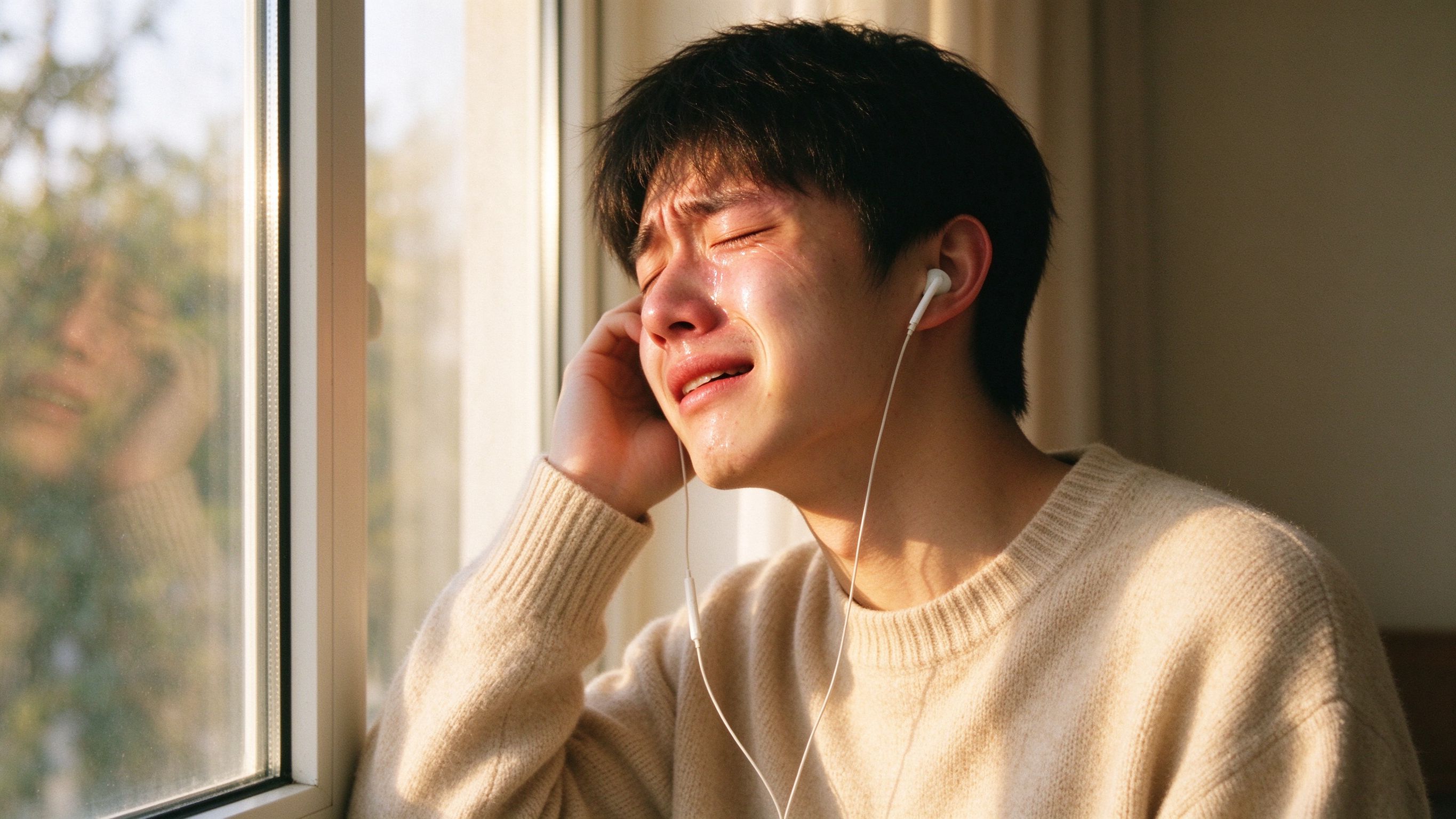 窗边闭眼聆听音乐的年轻男子